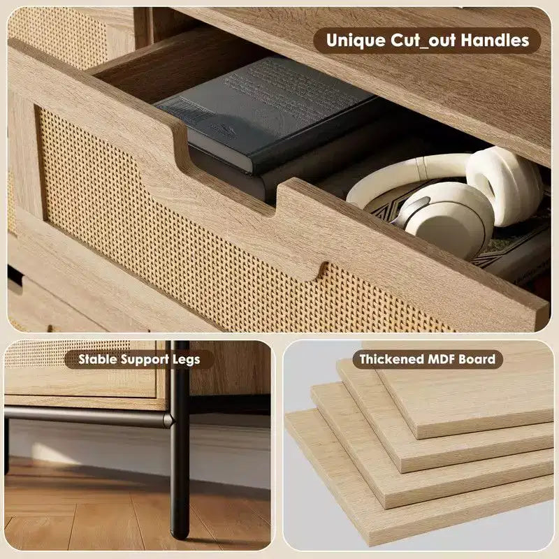 Commode en rotin naturel à 6 tiroirs, commode en bois, armoire de rangement de style ferme avec pieds en métal