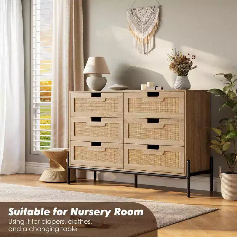 Commode en rotin naturel à 6 tiroirs, commode en bois, armoire de rangement de style ferme avec pieds en métal