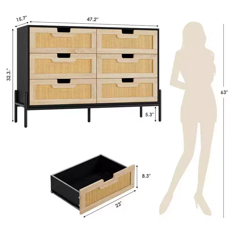 Commode en rotin naturel à 6 tiroirs, commode en bois, armoire de rangement de style ferme avec pieds en métal