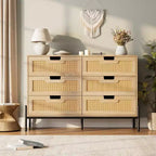 Natural Rattan 6 Drawer Dresser, Wooden Chest of Drawer, Farmhouse Storage Cabinet with Metal Legs