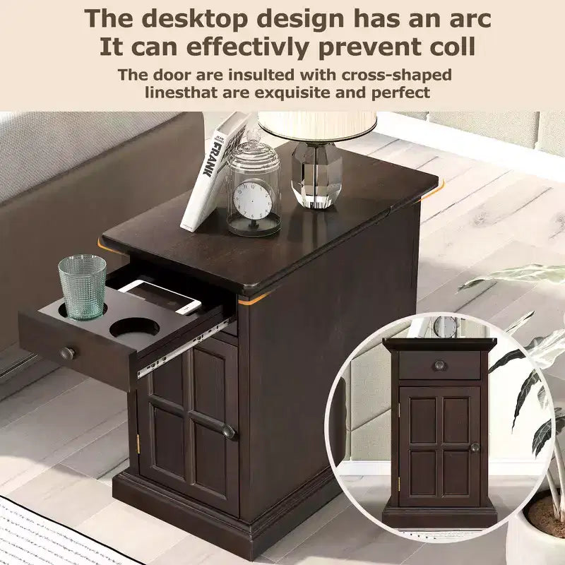 Zeus & Ruta Classic Vintage End Table with USB Ports, Multifunctional Drawer with Cup Holders for Living Room
