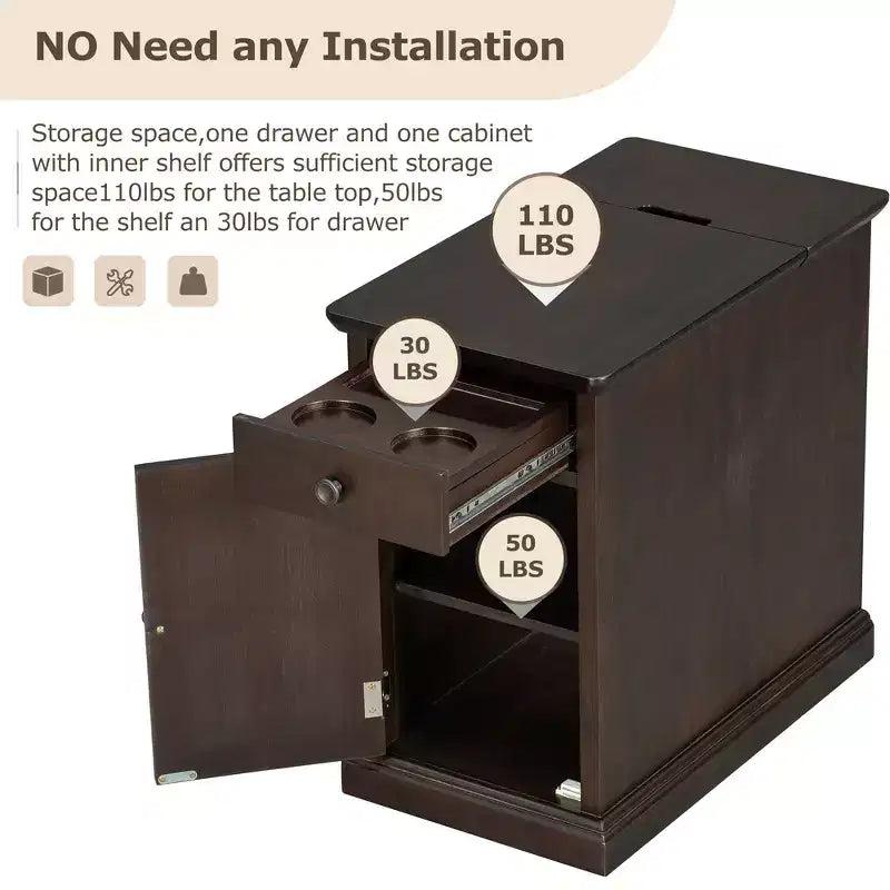 Zeus & Ruta Classic Vintage End Table with USB Ports, Multifunctional Drawer with Cup Holders for Living Room