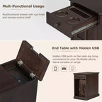 Zeus & Ruta Classic Vintage End Table with USB Ports, Multifunctional Drawer with Cup Holders for Living Room