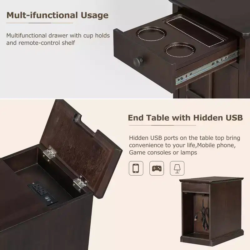 Zeus & Ruta Classic Vintage End Table with USB Ports, Multifunctional Drawer with Cup Holders for Living Room
