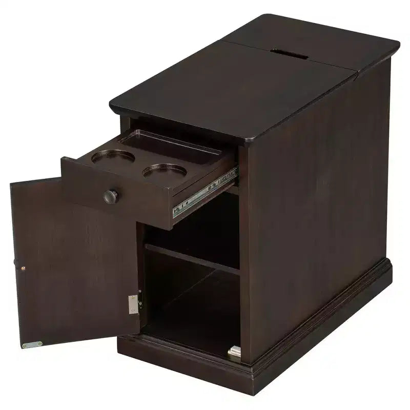 Zeus & Ruta Classic Vintage End Table with USB Ports, Multifunctional Drawer with Cup Holders for Living Room