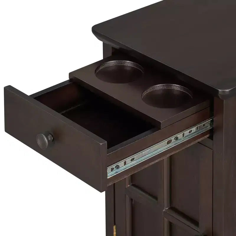 Zeus & Ruta Classic Vintage End Table with USB Ports, Multifunctional Drawer with Cup Holders for Living Room