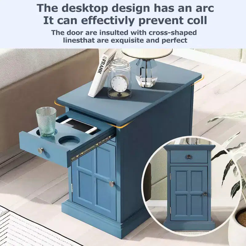 Zeus & Ruta Classic Vintage End Table with USB Ports, Multifunctional Drawer with Cup Holders for Living Room