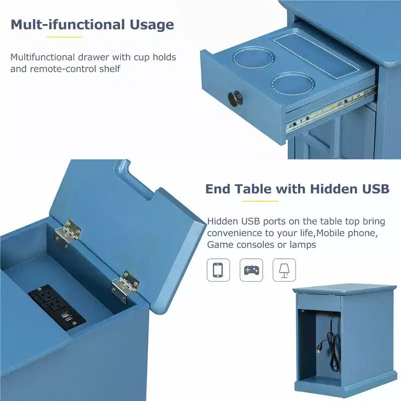 Zeus & Ruta Classic Vintage End Table with USB Ports, Multifunctional Drawer with Cup Holders for Living Room