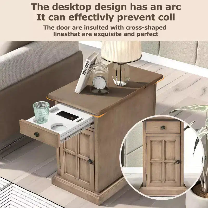 Zeus & Ruta Classic Vintage End Table with USB Ports, Multifunctional Drawer with Cup Holders for Living Room