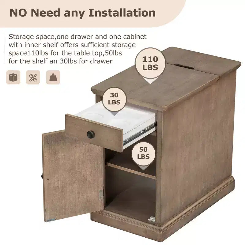 Zeus & Ruta Classic Vintage End Table with USB Ports, Multifunctional Drawer with Cup Holders for Living Room