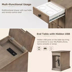 Zeus & Ruta Classic Vintage End Table with USB Ports, Multifunctional Drawer with Cup Holders for Living Room