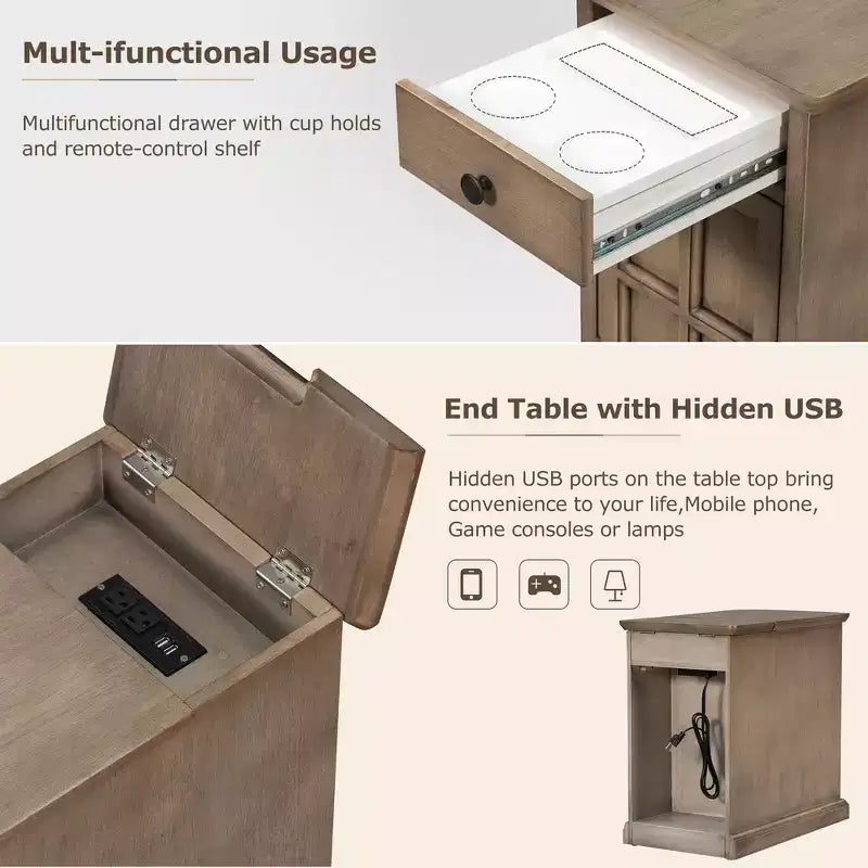 Zeus & Ruta Classic Vintage End Table with USB Ports, Multifunctional Drawer with Cup Holders for Living Room