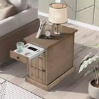 Zeus & Ruta Classic Vintage End Table with USB Ports, Multifunctional Drawer with Cup Holders for Living Room