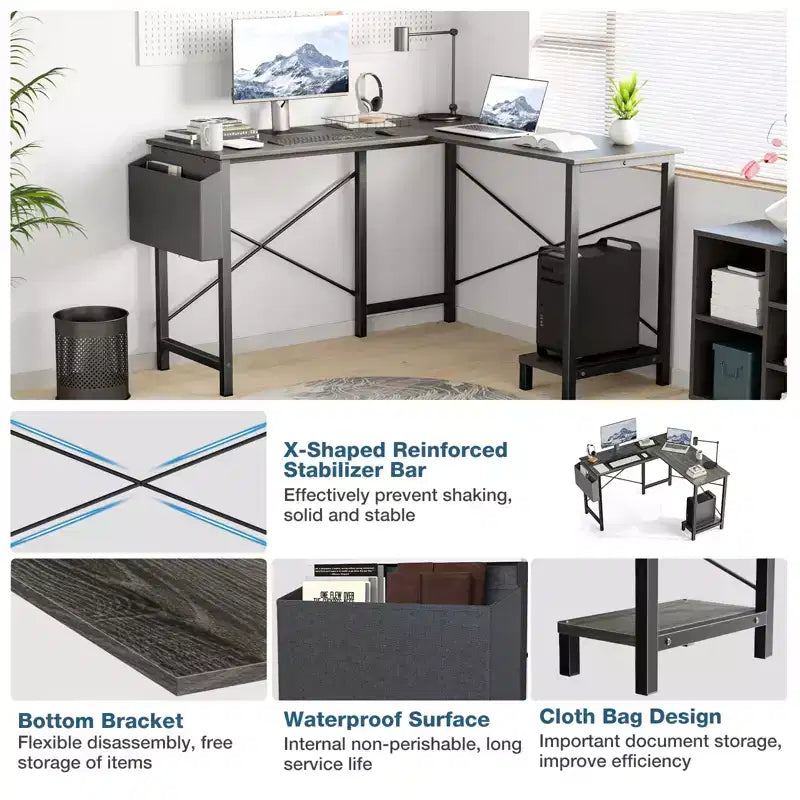 Bestier L Shaped Computer Desk, 50 inch L Shaped Desk with Reversible Shelves and Side Bag, Gaming Desk Study Writing Table for Home Office Bedroom