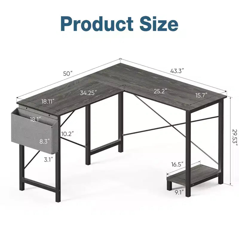 Bestier L Shaped Computer Desk, 50 inch L Shaped Desk with Reversible Shelves and Side Bag, Gaming Desk Study Writing Table for Home Office Bedroom