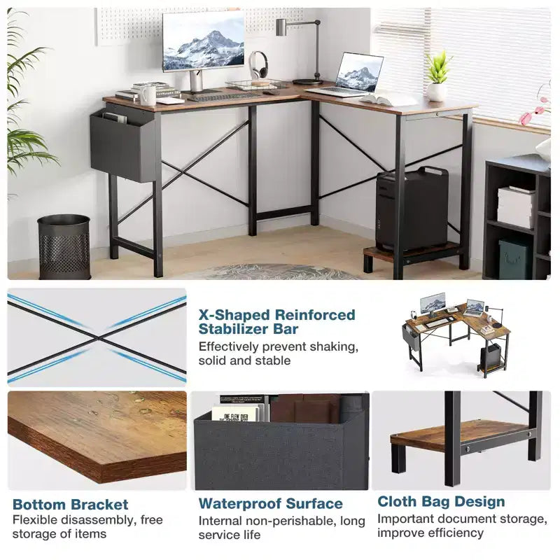 Bestier L Shaped Computer Desk, 50 inch L Shaped Desk with Reversible Shelves and Side Bag, Gaming Desk Study Writing Table for Home Office Bedroom