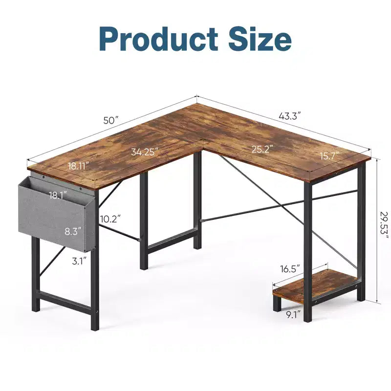 Bestier L Shaped Computer Desk, 50 inch L Shaped Desk with Reversible Shelves and Side Bag, Gaming Desk Study Writing Table for Home Office Bedroom