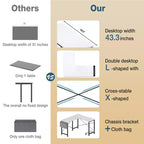 Bestier L Shaped Computer Desk, 50 inch L Shaped Desk with Reversible Shelves and Side Bag, Gaming Desk Study Writing Table for Home Office Bedroom