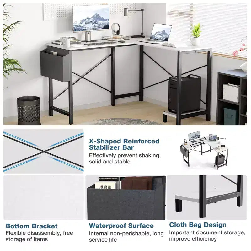 Bestier L Shaped Computer Desk, 50 inch L Shaped Desk with Reversible Shelves and Side Bag, Gaming Desk Study Writing Table for Home Office Bedroom