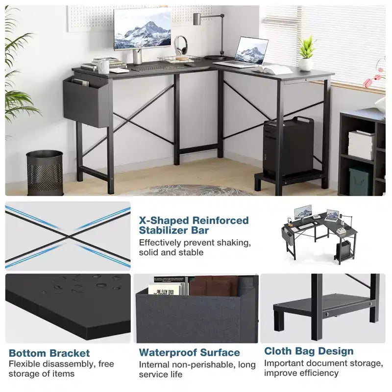 Bestier L Shaped Computer Desk, 50 inch L Shaped Desk with Reversible Shelves and Side Bag, Gaming Desk Study Writing Table for Home Office Bedroom