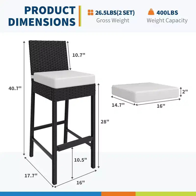 GustoWave Set of 2 patio wicker bar stools with cushions, no arms, for backyards and poolside