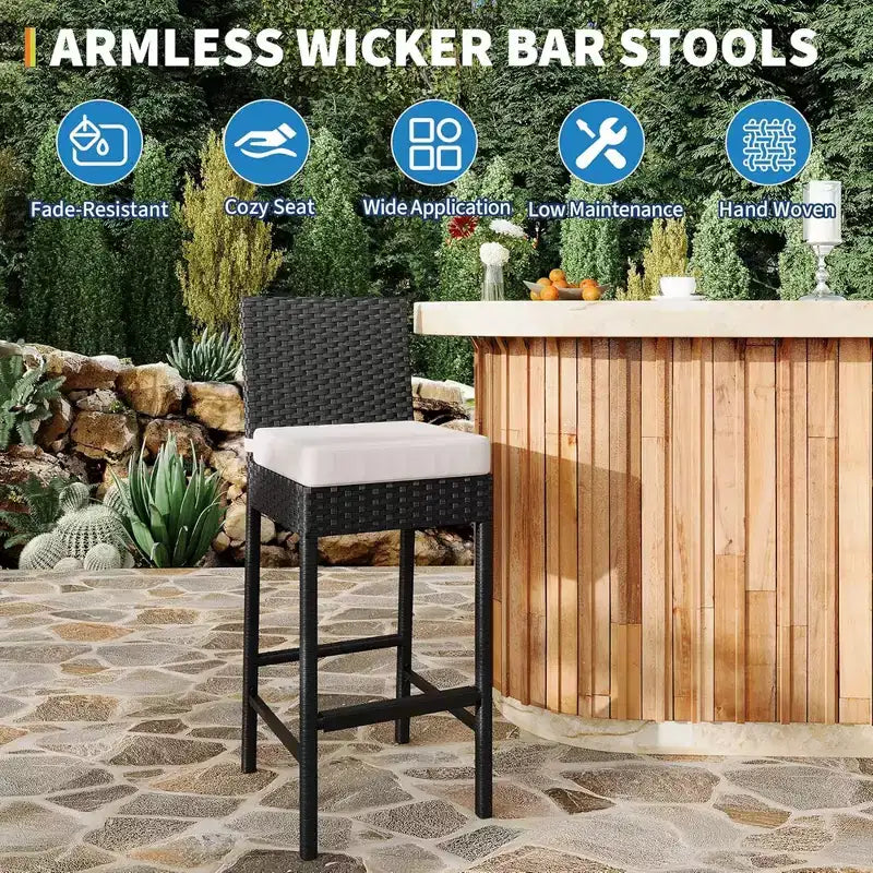 GustoWave Set of 2 patio wicker bar stools with cushions, no arms, for backyards and poolside