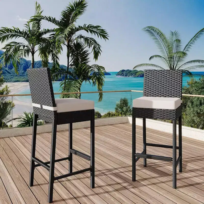GustoWave Set of 2 patio wicker bar stools with cushions, no arms, for backyards and poolside