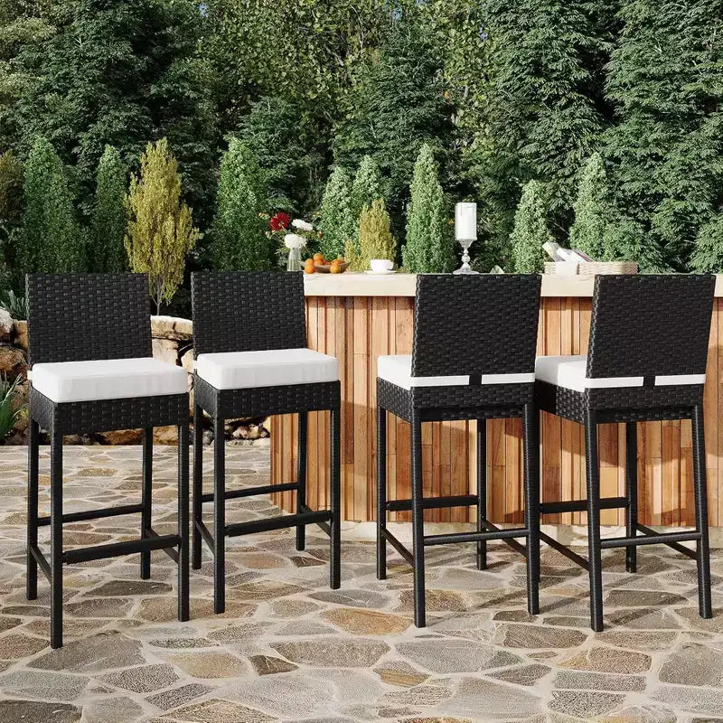GustoWave Set of 2 patio wicker bar stools with cushions, no arms, for backyards and poolside