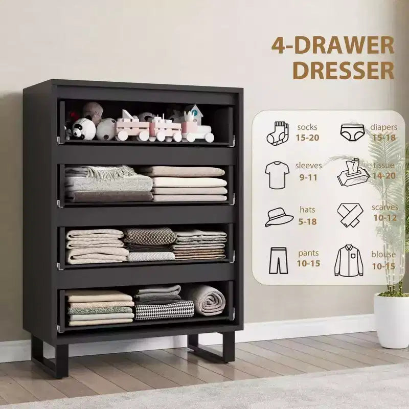 4 Dresser For Bedroom, 41.5 Tall Dresser, Freestanding Vertical Drawer Cabinet With Storage, Wooden Closet Storage Chest For Living Room