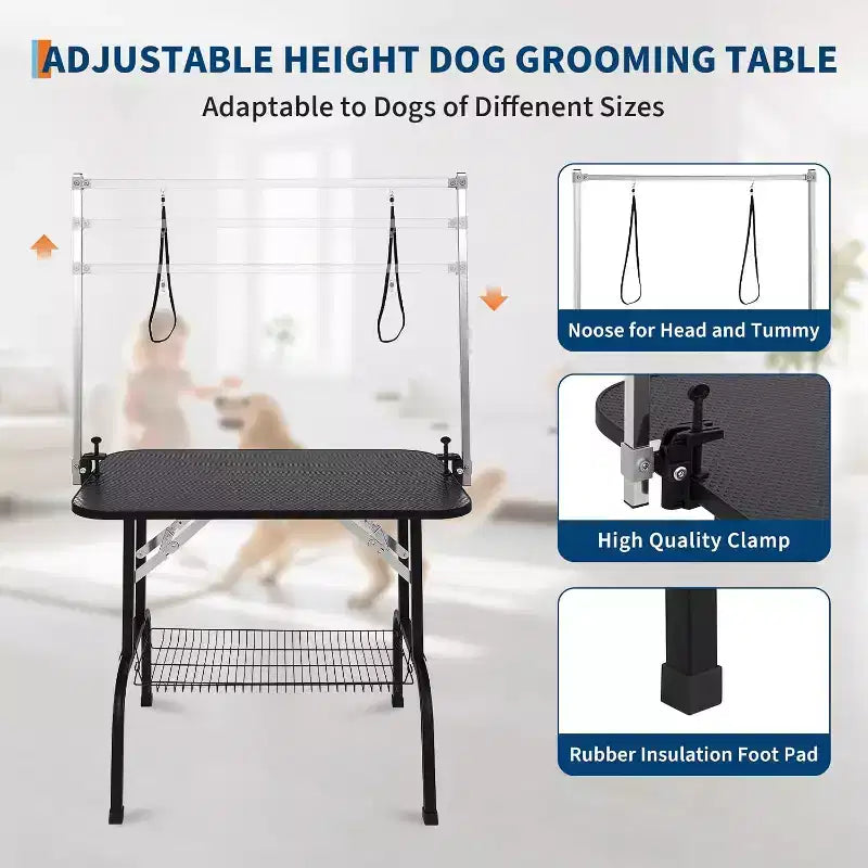 Table de toilettage pliable de 91 cm pour chien avec bras réglables, licol et plateau en maille, capacité statique de 150 kg, pour petits et grands chiens
