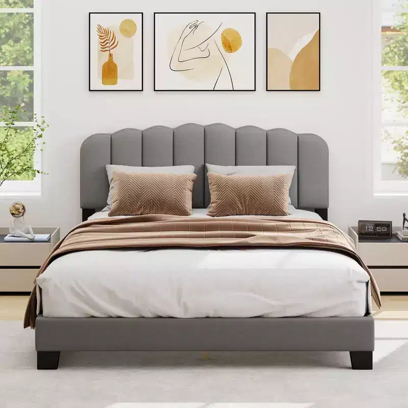 Costway Queen Size Bed Frame Linen Upholstered Platform Bed with Wooden Slat Support