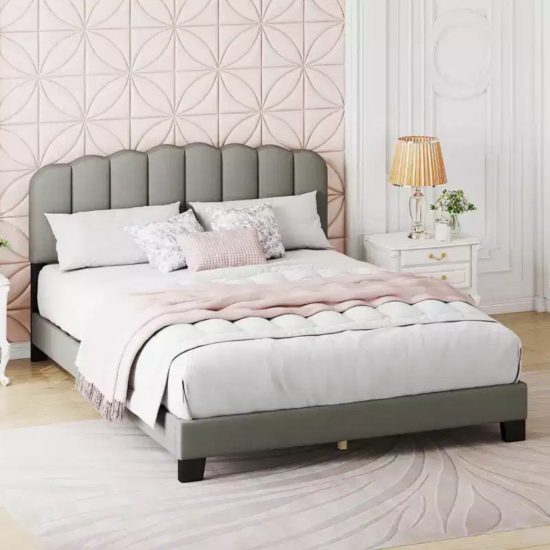 Costway Queen Size Bed Frame Linen Upholstered Platform Bed with Wooden Slat Support