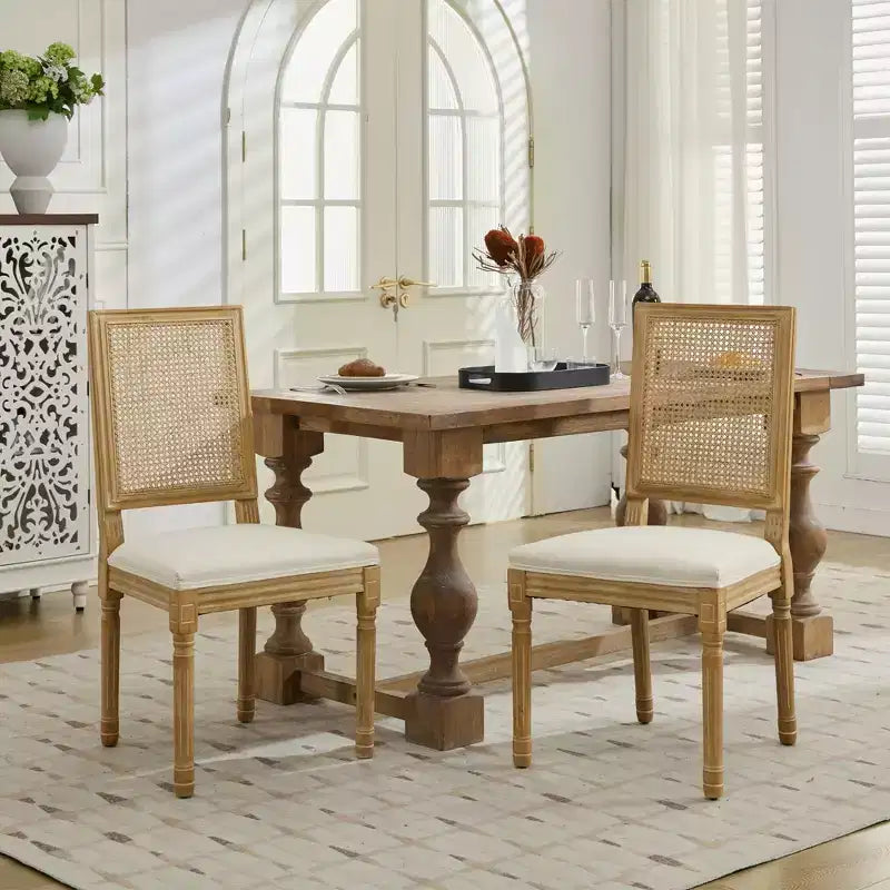Dining Chairs Set of 2 with Rubberwood Frame, Rustic Rattan/Upholstered Backrest Dining Chair - ModernLuxe
