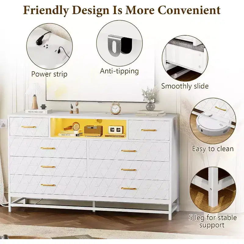 55 8-Drawer Dresser TV Stand - Black Storage Unit with Deep Drawers for Bedroom & Living Room