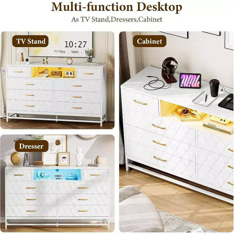 55 8-Drawer Dresser TV Stand - Black Storage Unit with Deep Drawers for Bedroom & Living Room