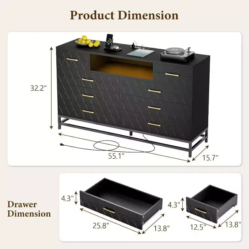 55 8-Drawer Dresser TV Stand - Black Storage Unit with Deep Drawers for Bedroom & Living Room