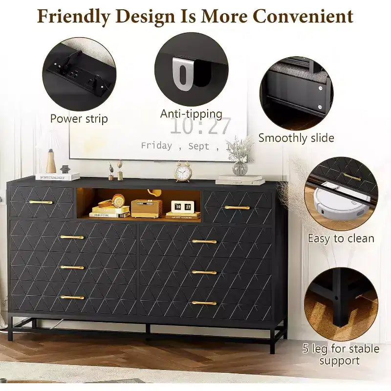 55 8-Drawer Dresser TV Stand - Black Storage Unit with Deep Drawers for Bedroom & Living Room