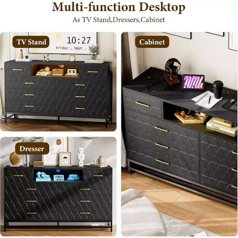 55 8-Drawer Dresser TV Stand - Black Storage Unit with Deep Drawers for Bedroom & Living Room
