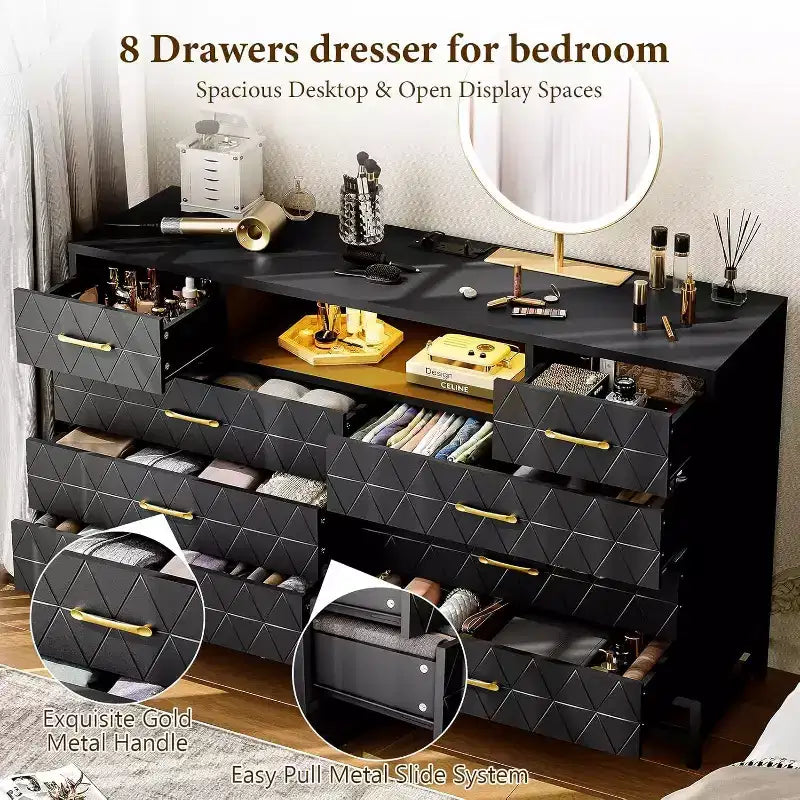 55 8-Drawer Dresser TV Stand - Black Storage Unit with Deep Drawers for Bedroom & Living Room