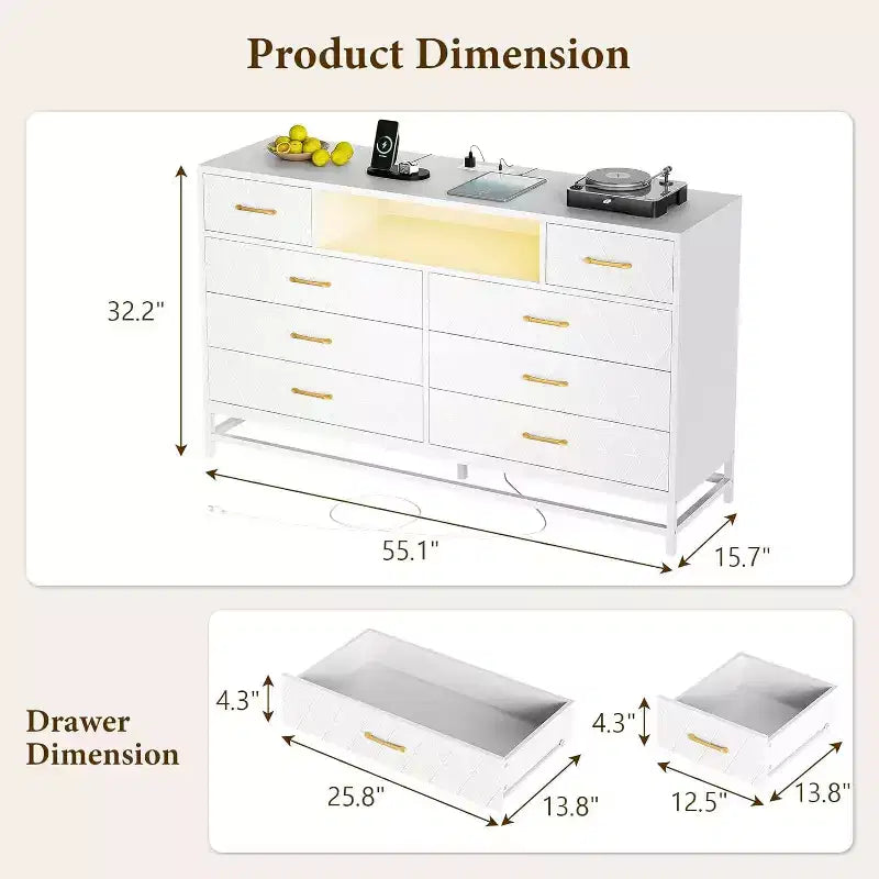 55 8-Drawer Dresser TV Stand - Black Storage Unit with Deep Drawers for Bedroom & Living Room