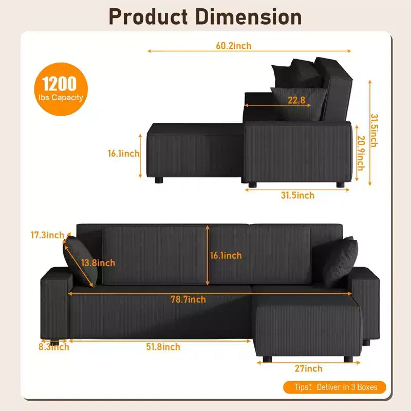 Canapé d'angle surdimensionné de 96 po avec méridienne, canapé modulable minimaliste et moderne à assise profonde pour salon