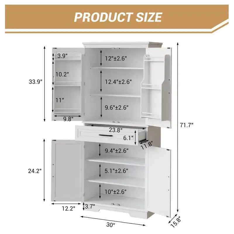 White Kitchen Storage Cabinet, with a Drawer, Adjustable Shelves, Door Shelves, Large Narrow Bathroom Cabinet, Farmhouse Cupboard for Dining Room