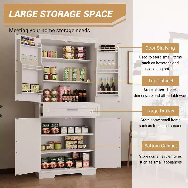 White Kitchen Storage Cabinet, with a Drawer, Adjustable Shelves, Door Shelves, Large Narrow Bathroom Cabinet, Farmhouse Cupboard for Dining Room