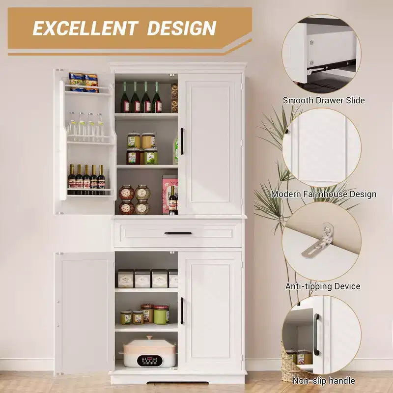White Kitchen Storage Cabinet, with a Drawer, Adjustable Shelves, Door Shelves, Large Narrow Bathroom Cabinet, Farmhouse Cupboard for Dining Room