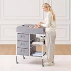 Table à langer portable VEVOR avec 3 tiroirs en tissu et roulettes verrouillables, hauteur réglable, grise