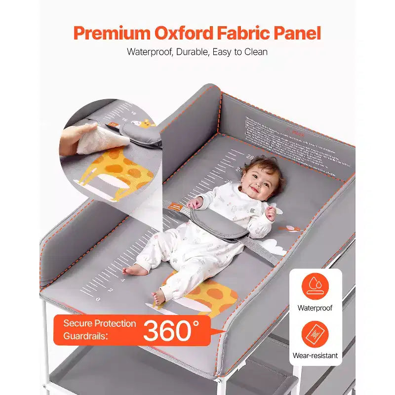 Table à langer portable VEVOR avec 3 tiroirs en tissu et roulettes verrouillables, hauteur réglable, grise