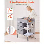 Table à langer portable VEVOR avec 3 tiroirs en tissu et roulettes verrouillables, hauteur réglable, grise