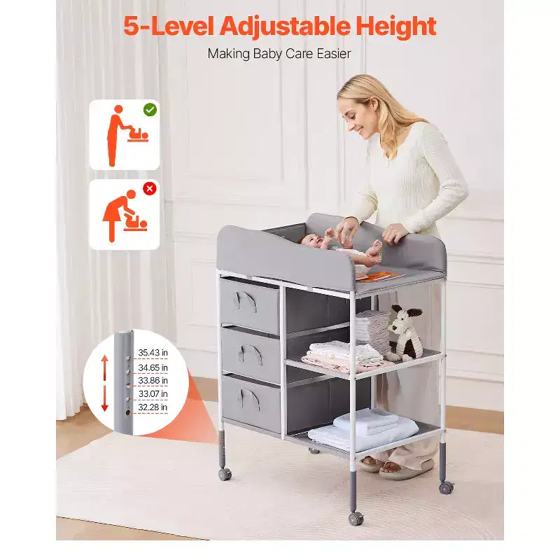 Table à langer portable VEVOR avec 3 tiroirs en tissu et roulettes verrouillables, hauteur réglable, grise