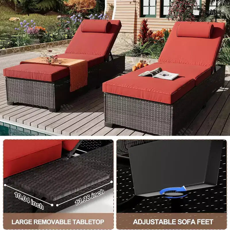 GustoWave 2 Pieces Outdoor PE Wicker Lounger Set, Pool Lounge Chair, Adjustable Backrest Lounger