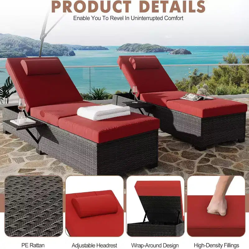GustoWave 2 Pieces Outdoor PE Wicker Lounger Set, Pool Lounge Chair, Adjustable Backrest Lounger